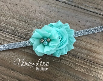 Mint/Aqua shabby chiffon flower, rhinestone pearl double flower headband hair bow, silver glitter elastic, Baby girls newborn infant toddler