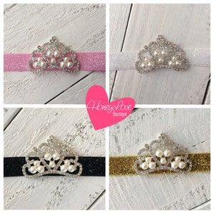 MORE COLORS! Rhinestone & Pearl Tiara Princess Crown glitter elastic headband  - newborn infant toddler baby girls - photo prop, queen