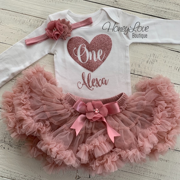 PERSONALIZED 1st Birthday Outfit, vintage pink dusty rose gold one heart number shirt, pettiskirt tutu skirt, First Cake Smash baby girl set