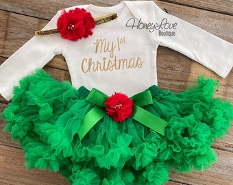My 1st Christmas Outfit Girl, My First Christmas, Baby's 1st Christmas, Christmas Tutu Outfit, Gold Glitter, Green Christmas Photo Outfit