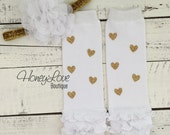 Gold glitter heart ruffle bottom leg warmers stockings leggings, white -  HoneyLoveBoutique
