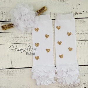 Gold glitter heart ruffle bottom leg warmers stockings leggings, white flower headband bow, newborn infant baby toddler little girl