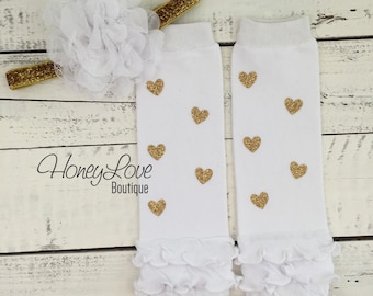 Gold glitter heart ruffle bottom leg warmers stockings leggings, white flower headband bow, newborn infant baby toddler little girl