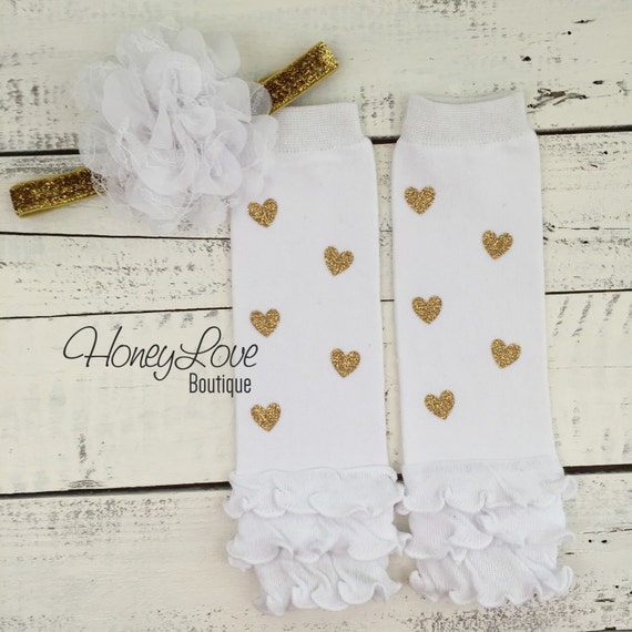 Gold glitter heart ruffle bottom leg warmers stockings leggings, white -  HoneyLoveBoutique