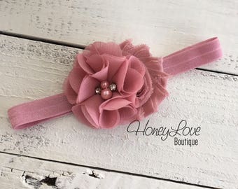 Vintage Pink dusty rose shabby chiffon flower rhinestone pearl headband bow elastic head band pearls newborn infant toddler little baby girl