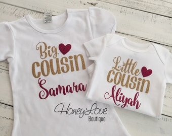 PERSONALIZED Cousin shirts Matching Little Middle Big gold glitter bodysuits, custom personalization shirt baby girl newborn infant toddler