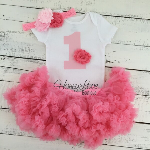 1st Birthday Outfit, light pink coral 1 number shirt, pettiskirt tutu skirt, lace shabby flower cluster headband, First Cake Smash baby girl