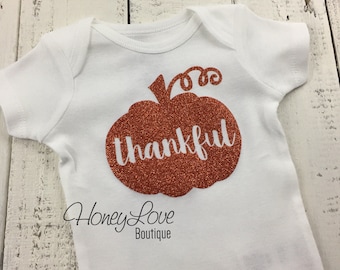 thankful pumpkin glitter shirt bodysuit, Thanksgiving Fall Halloween, copper orange newborn infant toddler baby girls little girl