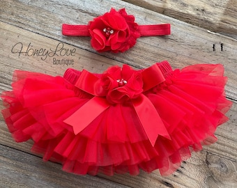 Valentine's Day Red tutu skirt bloomers diaper cover, rhinestone pearl flower headband bow, ruffles around, newborn infant toddler baby girl