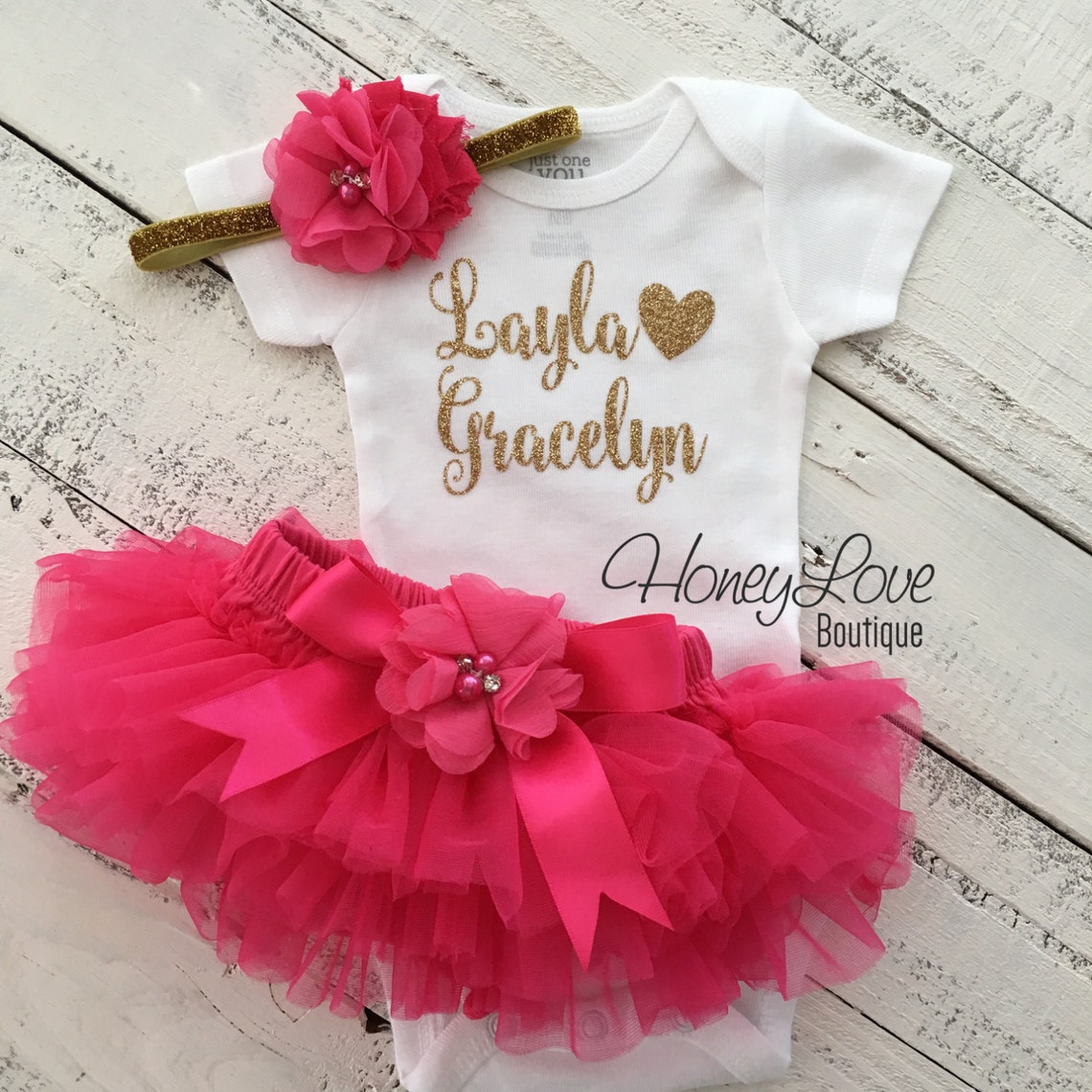 PERSONALIZED SET Gold Glitter Bodysuit Hot Pink Ruffle Flower Etsy