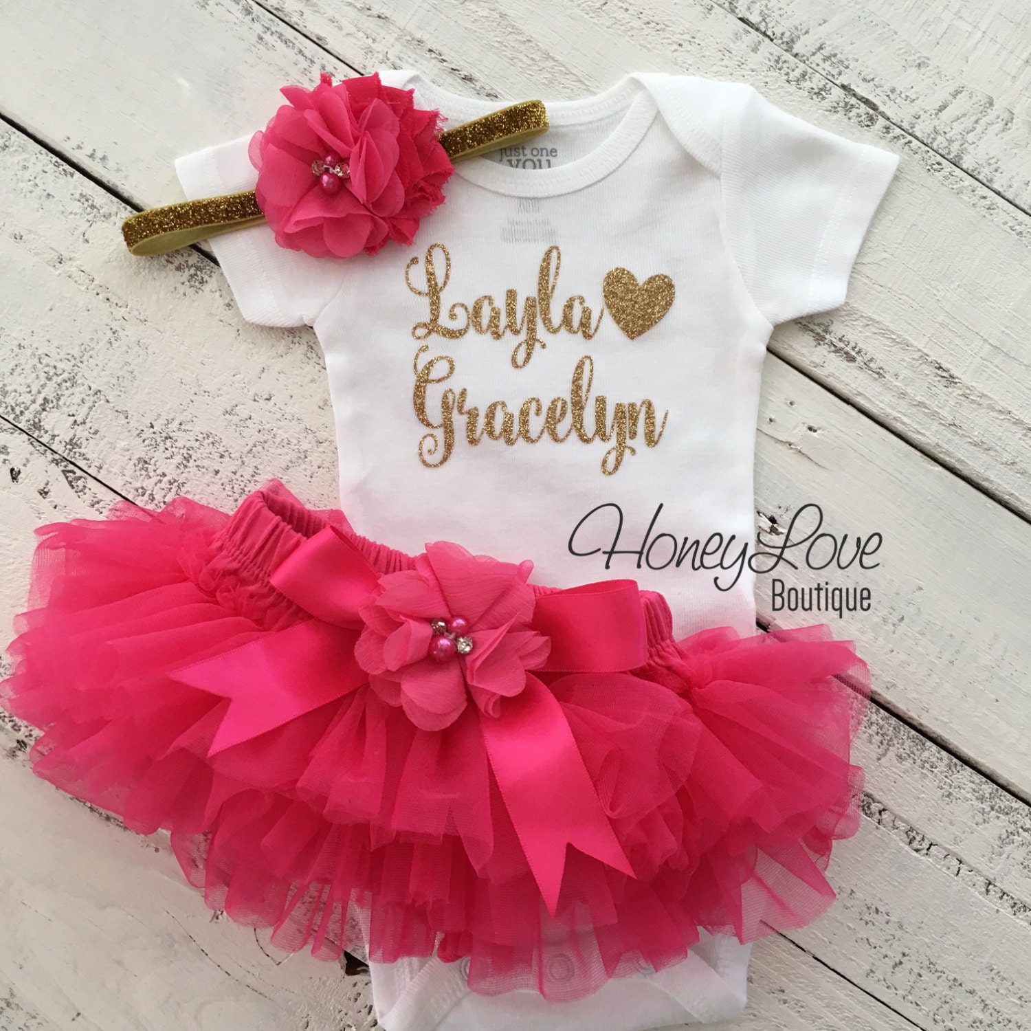 Personalized Set Gold Glitter Bodysuit, Hot Pink Ruffle Flower Tutu Skirt Bloomers, Headband, Newborn Baby Girl Take Home Hospital Outfit
