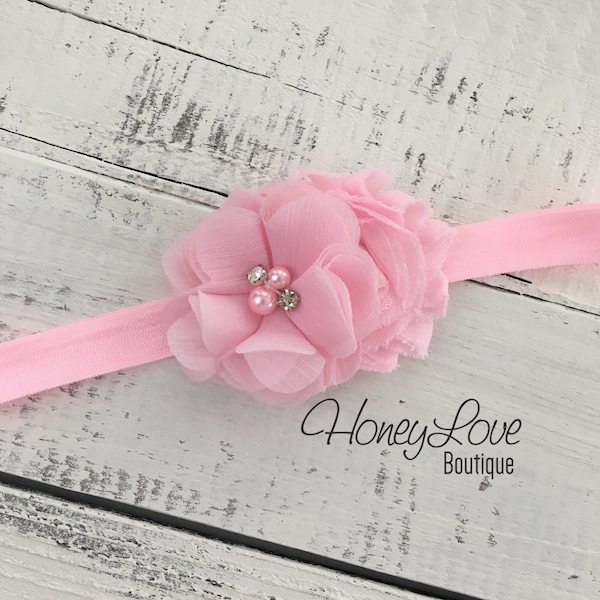 Light Pink shabby chiffon flower rhinestone pearl headband hair bow, elastic head band newborn infant toddler little baby girl photo shoot