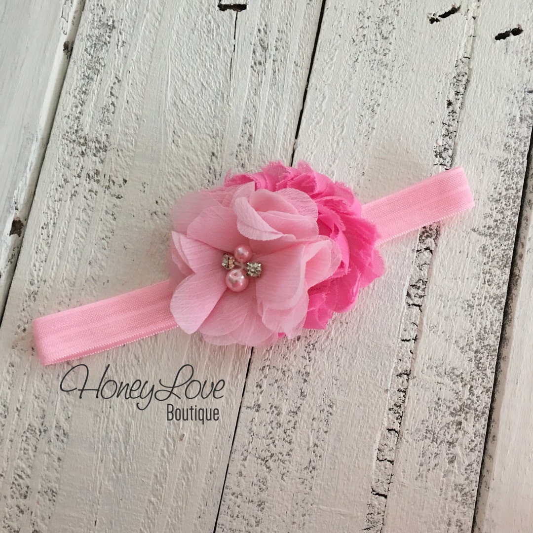Light Pink and Bubblegum Pink Shabby Chiffon Flower Rhinestone - Etsy