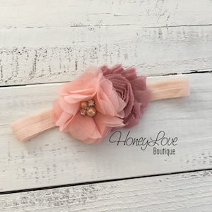Peach and Vintage Pink shabby chiffon flower rhinestone pearl headband bow, elastic head band pearls newborn infant toddler little baby girl