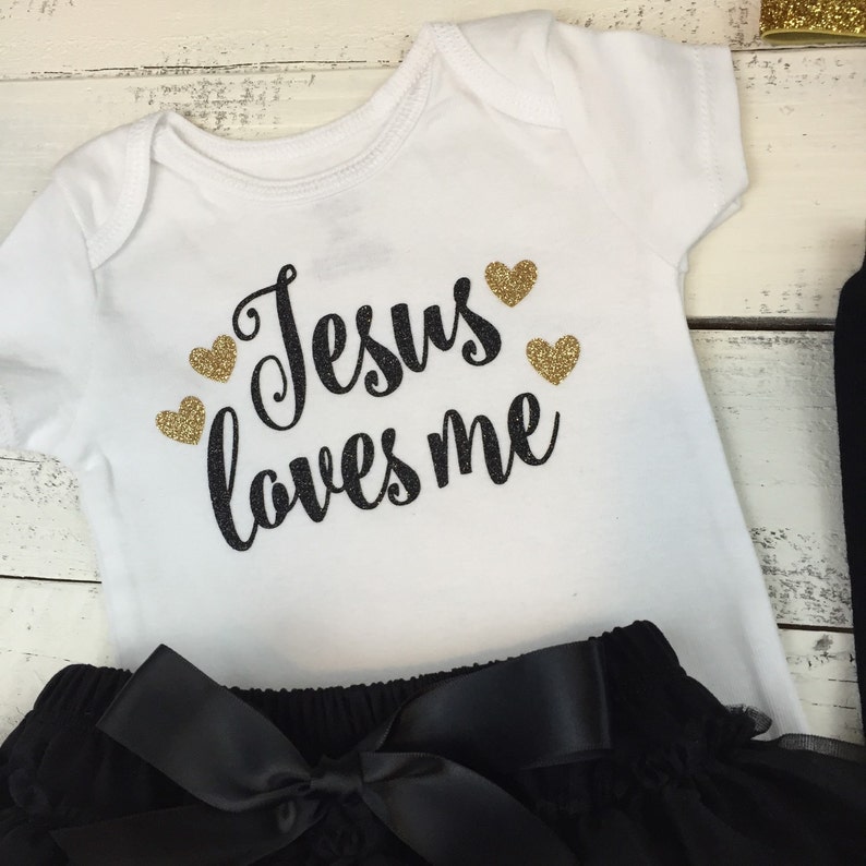Black Gold Glitter shirt bodysuit custom hearts newborn infant baby toddler little girl Sunday School Baptism gift Jesus loves me Church
