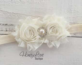 Ivory Cream flower headband double shabby flower pearl rhinestone embellishment head band hair bow, newborn infant toddler little girl