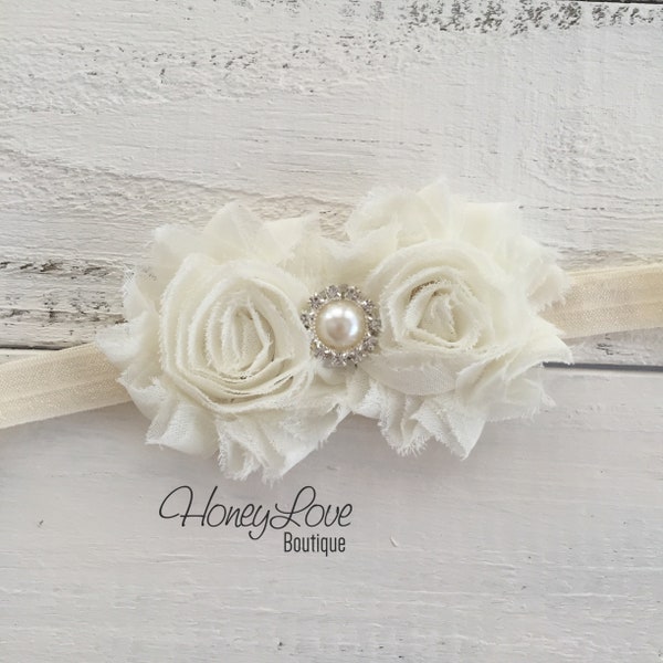 Ivory Cream flower headband double shabby flower pearl rhinestone embellishment head band hair bow, newborn infant toddler little girl