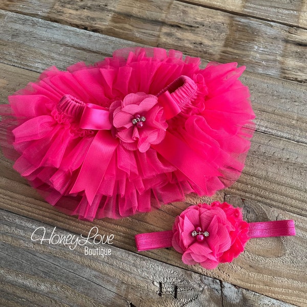 Baby Girl Tutu Skirt Bloomer and Headband Set, Newborn Photo Prop, Cake Smash, Hot Pink Diaper Cover, Baby Shower Gift, 1st Birthday