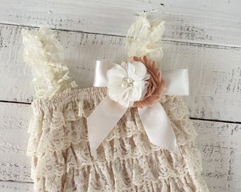 Lace petti romper, champagne crème ivoor lichtbruin, bijpassende hoofdband bloem strass parel, pasgeboren baby peuter babymeisje herfstset