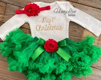 My 1st Christmas Outfit Girl, My First Christmas, Baby's 1st Christmas, Christmas Tutu Outfit, Gold Glitter, Green Christmas Photo Outfit