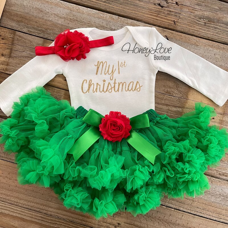 My 1st Christmas Outfit -  Gold/Silver -  Red and Green - Embellished tutu skirt bloomers
