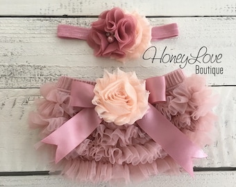 Vintage Pink dusty rose ruffle bottom bloomers diaper cover, peach flower rhinestone pearl headband, newborn infant toddler baby girl photo
