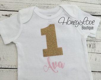 Personalized NAME - number 1 one light pink and gold glitter shirt bodysuit, First Birthday, 1st Cake Smash baby girl infant toddler