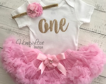 Ein - SILBER oder GOLD Glitzer-Shirt-Body, rosa Pettiskirt Tutu Rock, Blumen-Strass-Stirnband, Erster Geburtstag 1