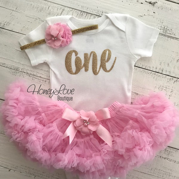 One - SILVER or GOLD glitter shirt bodysuit, pink pettiskirt tutu skirt, flower rhinestone headband, First Birthday 1st Cake Smash baby girl