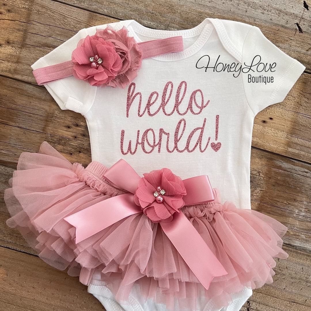 Buy Hello World Newborn Girl Outfit, Baby Girl Coming Home Hospital Outfit,  Newborn Photo Outfit, Baby Shower Gift, Dusty Pink Mauve Rose Gold Online 