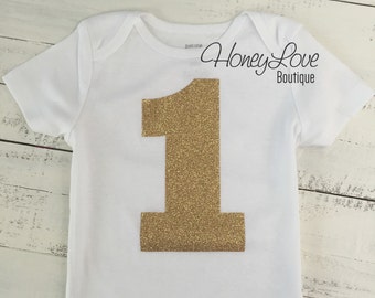 1 One - gold glitter shirt bodysuit, First Birthday, 1st Cake Smash baby girl infant toddler, sparkly sparkle glittery, half birthday number