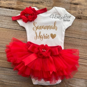 Red Personalized Baby Girl Clothes, Newborn Girl Coming Home Outfit, Take Home Outfit, Newborn Hospital Outfit, red gold glitter