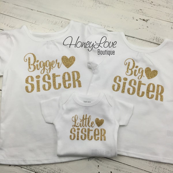 SISTER Sibling shirts Matching Sis Little Middle Twin Big Sister gold glitter bodysuits shirt newborn infant toddler little baby girl