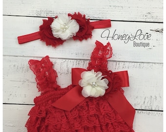 Kerst rode kanten petti romper en bijpassende strass parel ivoor bloem hoofdband - 2T 3T 4T peuter babymeisje - kerstman foto-outfit