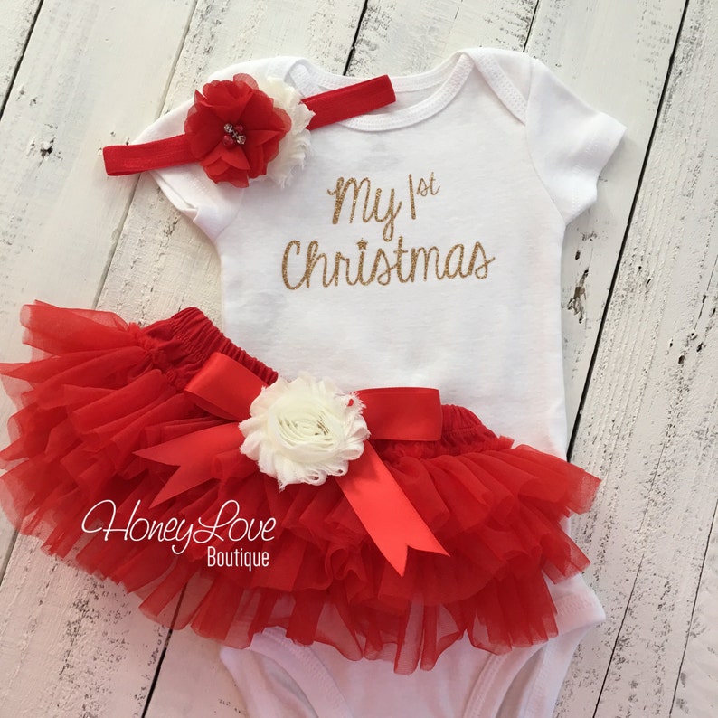 My 1st Christmas Outfit Girl, My First Christmas, Baby's 1st Christmas, Christmas Tutu Outfit, Red and Ivory Tutu set, Christmas Bloomer Set image 1