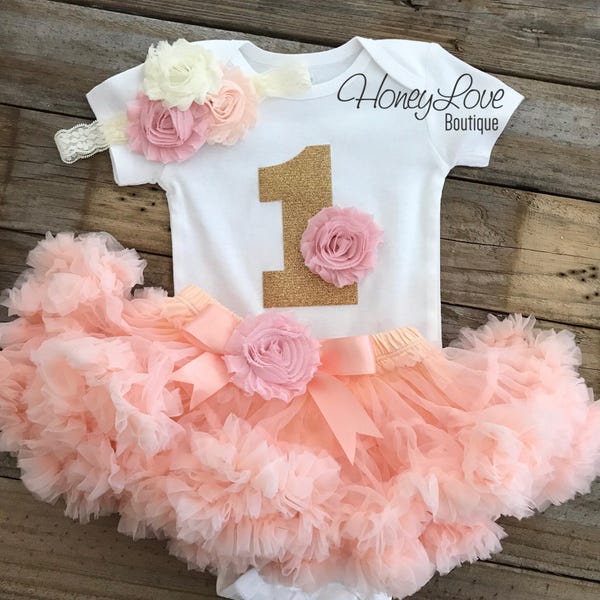 1st Birthday Outfit, peach and  blush pink gold glitter 1 number shirt, pettiskirt tutu skirt, lace shabby flower headband, First Cake Smash