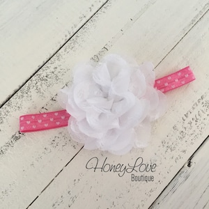 Pink and White Hearts Elastic Headband bow, White Lace and Chiffon Layered Flower, baby newborn infant toddler little girl Valentine&#39;s Day