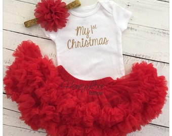 My 1st Christmas Outfit Girl, My First Christmas, Baby's 1st Christmas, Christmas Tutu Outfit, Red Silver Glitter, Christmas Photo outfit