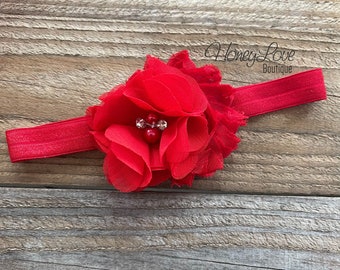 Red headband, Valentine's Red headband, shabby flower rhinestone pearl hair bow, elastic hair band, newborn infant toddler little baby girl