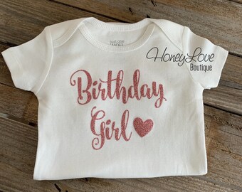 CHOOSE COLOR Birthday Girl bodysuit t-shirt, rose gold glitter birthday shirt, infant toddler baby girl, 1st 2nd 3rd 4th 5th birthday party