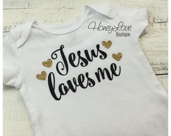 Jesus loves me - Black Gold Glitter shirt bodysuit custom hearts newborn infant baby toddler little girl Sunday School, Baptism gift, Church