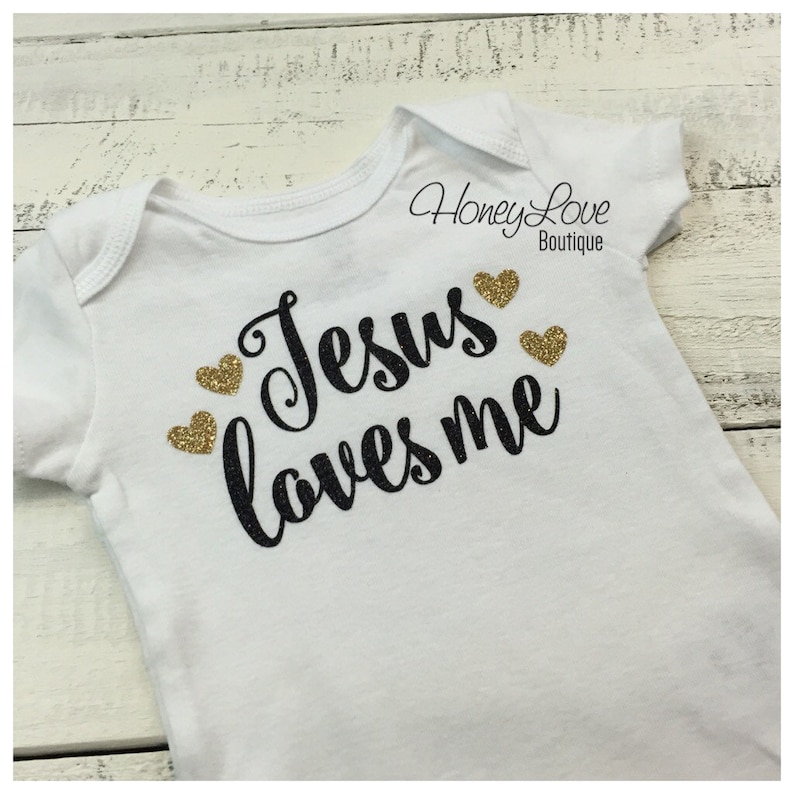 Black Gold Glitter shirt bodysuit custom hearts newborn infant baby toddler little girl Sunday School Baptism gift Jesus loves me Church