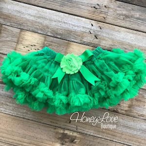 Kelly Green Pettiskirt, Christmas St. Patrick's Day embellished lime green flower petti skirt, tutu, newborn infant baby toddler little girl