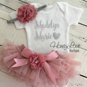 PERSONALIZED SET silver glitter shirt bodysuit, dusty rose vintage pink ruffle tutu skirt bloomers, flower headband newborn baby girl outfit image 2