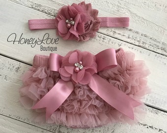 Vintage Pink Bloomers and Matching Headband, Baby Girl Diaper Cover, Ruffle Bloomers, Ruffle Bum Diaper Cover, Dusty Rose Gold Outfit