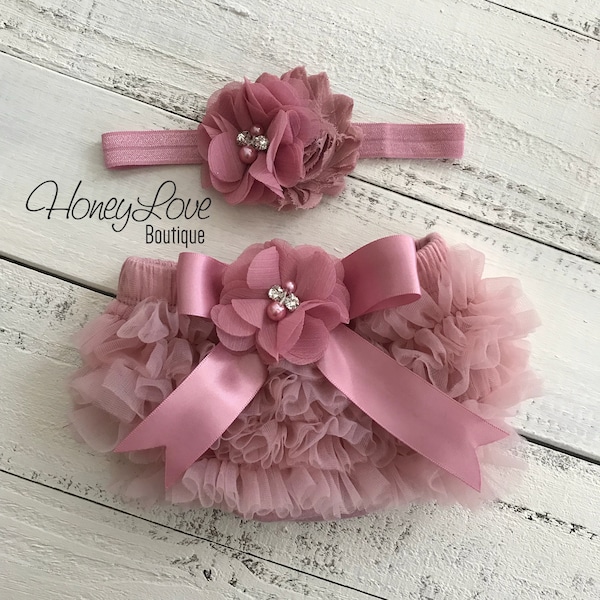 Vintage Pink Bloomers and Matching Headband, Baby Girl Diaper Cover, Ruffle Bloomers, Ruffle Bum Diaper Cover, Dusty Rose Gold Outfit