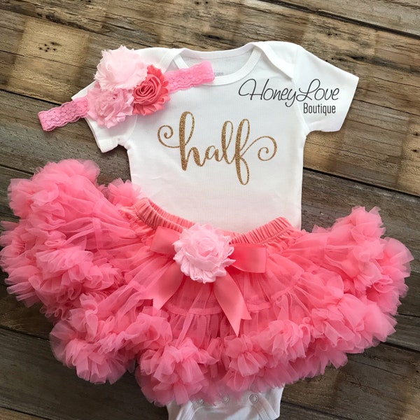 Half Birthday Outfit, light pink coral gold glitter one, pettiskirt tutu skirt, lace flower cluster headband, baby girl 1/2 party dress