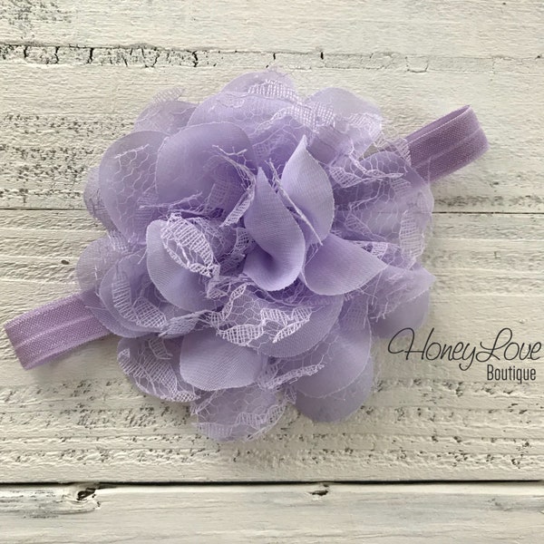 Arc de cheveux bandeau violet lavande - dentelle violet lavande et fleur en mousseline de soie - nouveau-né enfant en bas âge petite fille, accessoire photo