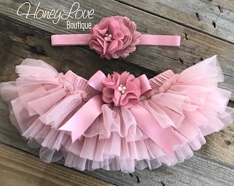 SET Vintage Pink Dusty Rose Mauve tutu skirt bloomers diaper cover and headband outfit, flower headband bow, newborn toddler baby girl