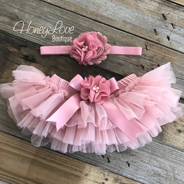 SET Vintage Pink Dusty Rose Mauve tutu skirt bloomers diaper cover and headband outfit, flower headband bow, newborn toddler baby girl